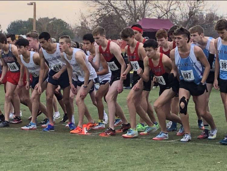 The Camas High School boys cross country runners get off to a great start at the 4A astate championship meet in Pasco on Nov. 9.