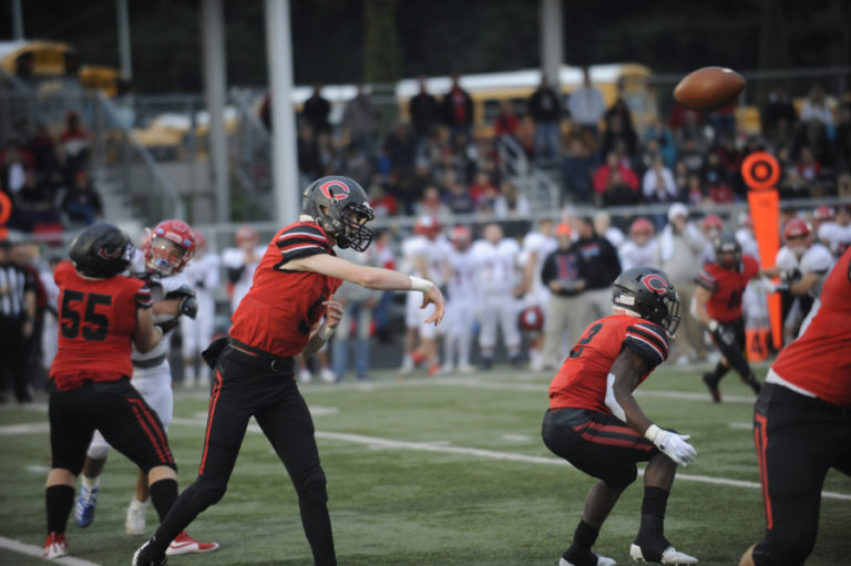 Camas High School senior quarterback Blake Ascuitto had plenty of time to throw from the pocket thanks to solid blocking against Eastmont High School on Nov. 16.