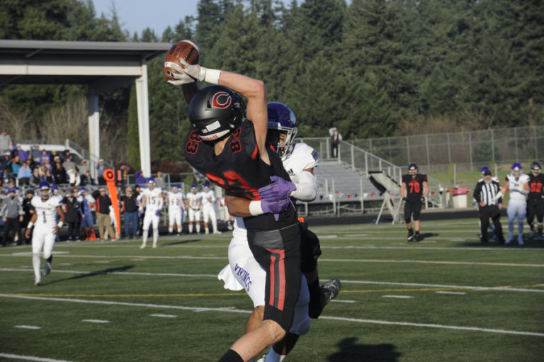 Senior Jackson Clemmer makes a difficult catch in the end zone for his second touchdown of the day.
