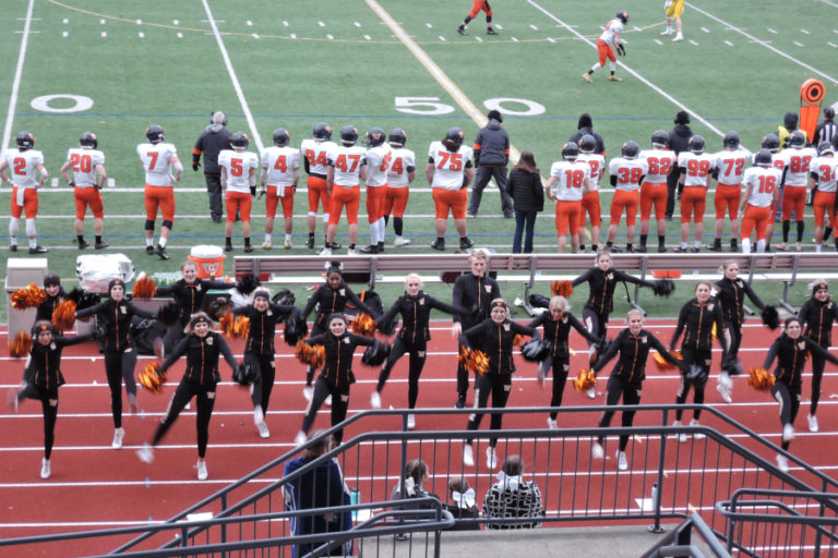 Washougal High School cheerleaders energize a large crowd of students, parents and alumni that traveled to Bellingham to watch the Panthers play Lynden High School on Nov. 23.