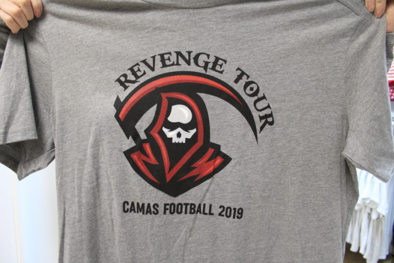 This &quot;Revenge Tour&quot; T-shirt highlighting the Camas High football team&#039;s 2019 comeback was one of the first designs sold by the new Papermaker Pride business.