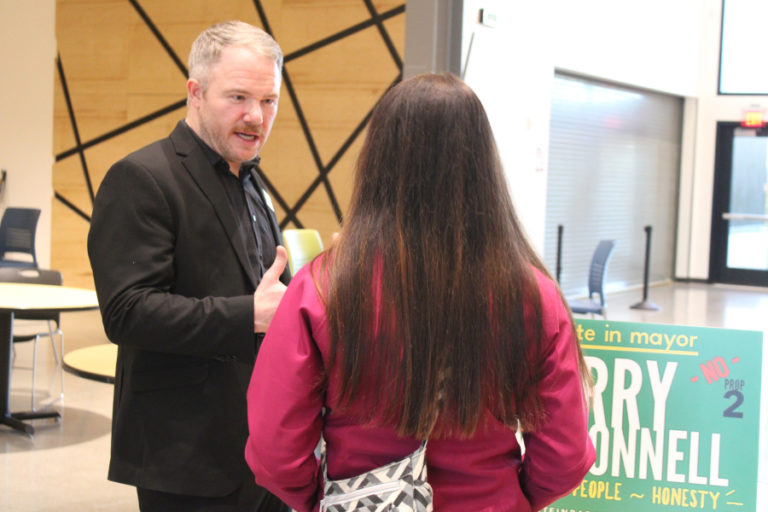 Barry McDonnell talks to voters at a Camas Youth Council candidate forum in October 2019. McDonnell, one of two last-minute write-in candidates hoping to unseat incumbent Camas Mayor Shannon Turk in the November 2019 general election, garnered nearly 54 percent of the votes.
