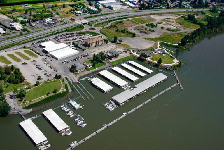 An aerial view of Port of Camas-Washougal properties shows the marina and Washougal Waterfront Park and Trail. The Port&#039;s mixed-use waterfront development plans kicked into high gear in 2019.