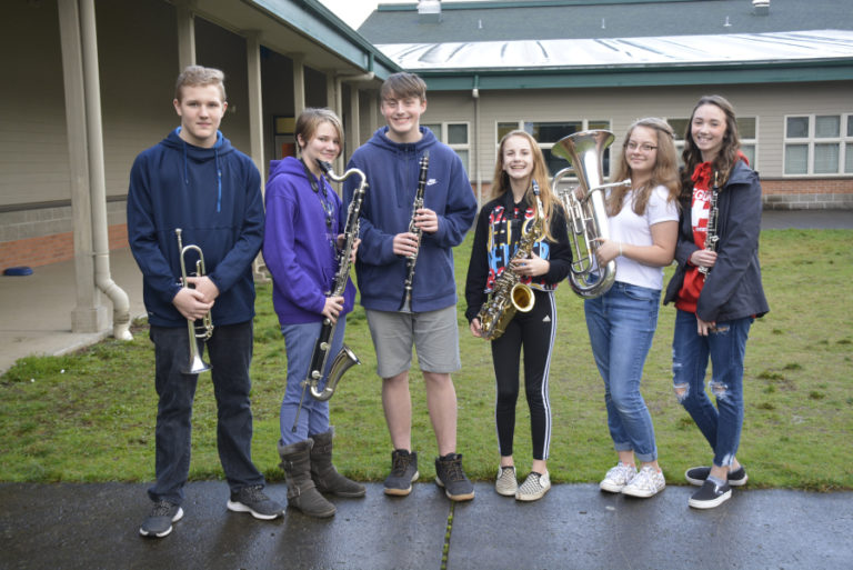 Canyon Creek Middle School students, from left to right, Lucas Sanders, Lorelie Peck, Kyler Buck, Avery Berg, PJ Hopmeier-Mitchell and Avri Kaufman are few of the Washougal School District students selected for all-state and regional band honors.