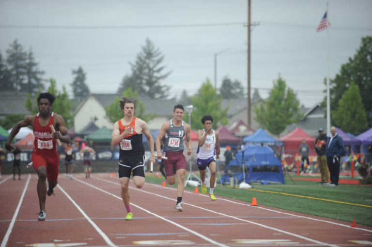 Wayne Havrelly/Post-Record 
 Washougal High School&#039;s Ryan Davy (second from left) anchors the Panthers&#039; 4x100 relay at the 2A state meet in May.