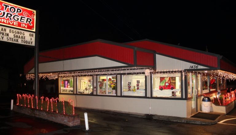 Top Burger Drive In&#039;s holiday decorations include a variety of window paintings, lights and lighted candy canes.
