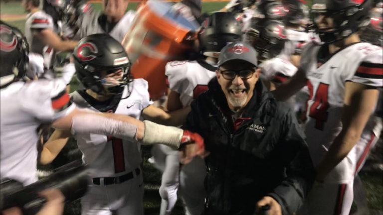 Camas High School football coach Jon Eagle receives a Gatorade bath at the end of the 4A state championship game on Dec. 7 in Tacoma.