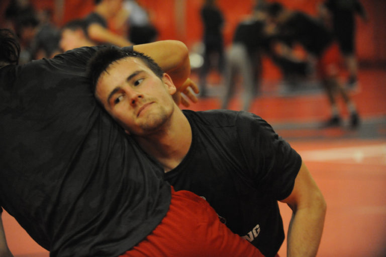 Camas High School (CHS) wrestler Gideon Malychewski powers through a practice partner in the CHS wrestling room.