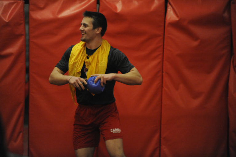 Photos by Wayne Havrelly/Post-Record
Camas High School wrestler Gideon Malychewski&#039;s well-known baseball skills come in handy during a game of dodgeball in the Camas High School wrestling room. (Photos by Wayne Havrelly/Post-Record)