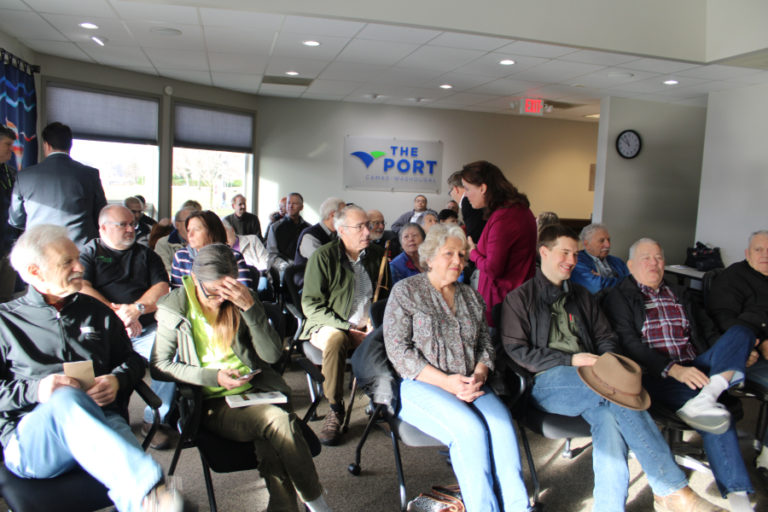 Republican state Sen. Ann Rivers, (center, standing) speaks to consituents at a town hall held Saturday, Jan. 4, at the Port of Camas-Washougal. Washougal Mayor Molly Coston (third from left) was one of several local officials present at the Jan.