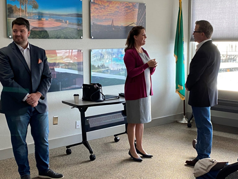 Republican representatives for Washington's 18th District, Rep. Brandon Vick (left), Sen. Ann Rivers (center) and Rep. Larry Hoff (right) prepare for a legislative town hall the Port of Camas-Washougal on Jan. 4, 2020.