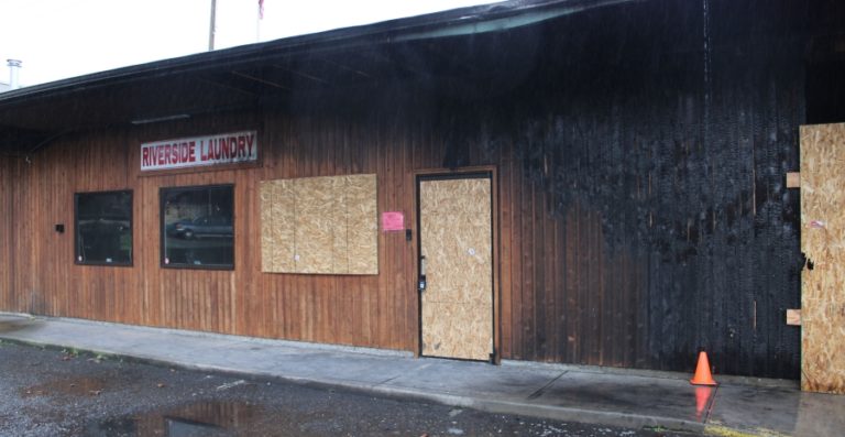 The building that houses Riverside Laundry and three other businesses on Fourth Street in Washougal was severely damaged by a fire last October. The fire started in the laundromat and spread to the rest of the building.