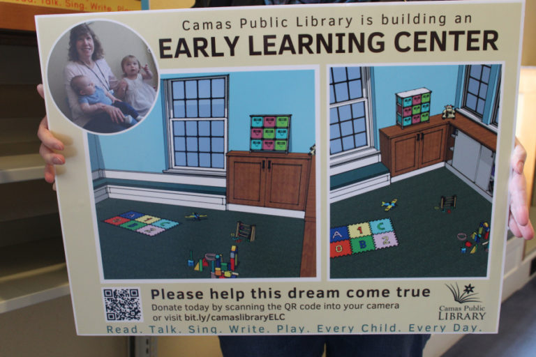 An illustration inside the Camas Public Library&#039;s storytime room shows plans for a soon-to-be early learning center, which will provide a dedicated space for the library&#039;s youngest patrons and their parents or caregivers.