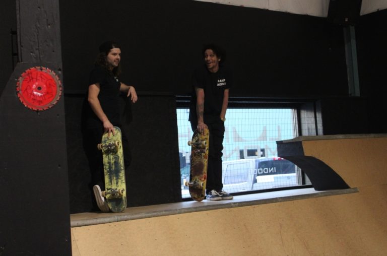 Two skateboarders chat on the top of a half-pipe ramp at Lunchmoney Indoor Skate Park in Washougal on Jan. 23. The skate park will open Saturday, Feb.