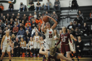 Washougal High School junior Skylar Bea (25) scores during a 2A District 4 tournament game against W.F. West on Feb. 17. (Wayne Havrelly/Post-Record)