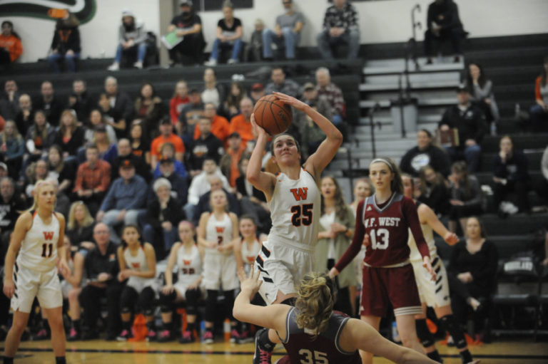 Washougal High School junior Skylar Bea (25) scores during a 2A District 4 tournament game against W.F. West on Feb. 17.