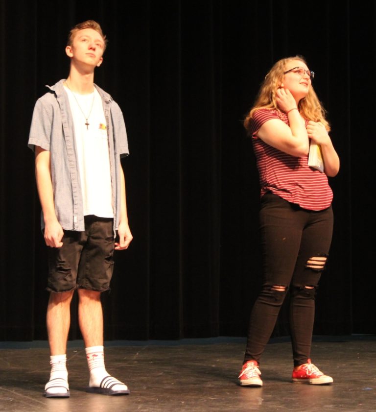 Washougal High School drama students Matthew Porter (left) and Rose Pike perform during a rehearsal session for the school's upcoming production of "Things Fall (Meanwhile)" on Feb. 24.