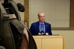 Camas School District Superintendent Jeff Snell answers media questions related to the resignation of Camas High School Principal Liza Sejkora (not pictured) at the district's headquarters on Feb. 7, 2020.  (Kelly Moyer/Post-Record)