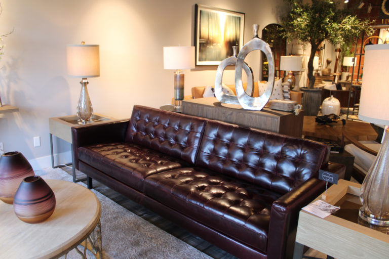 A &quot;garnet&quot; leather couch for sale at Juxtaposition is one of several crafted by the eco-friendly American Leather company.