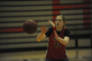 Camas High junior Faith Bergstrom catches a pass during a Monday practice at Camas High School in preparation for the team's state tournament game against Glacier Peak in the Tacoma Dome today. (Wayne Havrelly/Post-Record)
