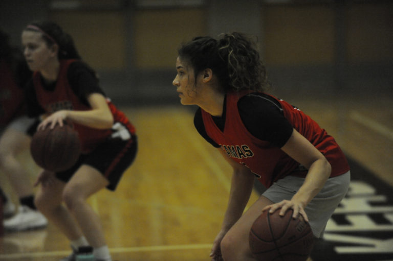 Camas High junior Jalena Carlisle (right) practices ball handling skills with her teammates in preperation for a Tacoma Dome appearance on March, 4.