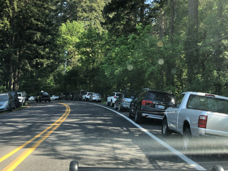 A Camas police photo shows cars illegally parked along Lake Road near Camas&#039; Heritage Park during the summer of 2019.