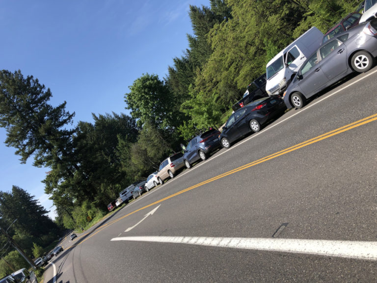 Despite &quot;no parking&quot; signs posted on Lake Road near Camas&#039; Heritage Park, this Camas police photo shows scores of vehicles illegally parked on the road during the summer of 2019.