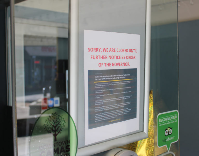 A sign posted on the front door of the Liberty Theater in Camas on Monday, March 16, informs patrons about the theater’s closure.