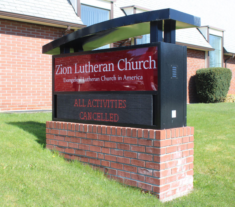 A sign outside of Zion Lutheran Church in Camas on Monday, March 16, indicates that all of the church’s activities have been cancelled due to the outbreak of the COVID-19 disease.