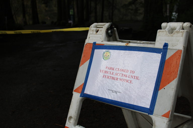 (Kelly Moyer/Post-Record)  A sign near Round Lake in Camas, posted by the Clark County Parks Department, warns visitors that the park is closed to vehicle access until further notice. The city of Camas closed all parking lots at its parks and trailheads on Tuesday, March 31, to help reduce the spread of COVID-19.