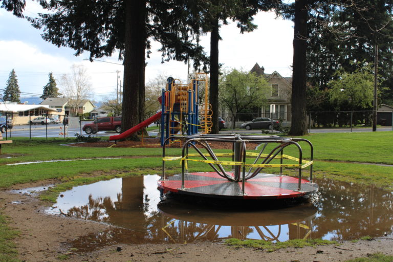 (Kelly Moyer/Post-Record) Playground facilities at Camas' Crown Park are closed during the COVID-19 pandemic. The city is planning a phased approach to reopening its city parks, beginning Tuesday, May 5, with the reopening of parking lots at city parks and trailheads, and the reopening of restroom facilities at Heritage Park.