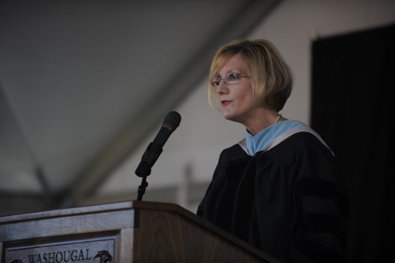 (Post-Record file photo) Washougal School District Superintendent Mary Templeton speaks at Washougal High School's graduation ceremony in June 2019. Templeton is waiting to make a final decision about the district's graduation plans for this spring after Washington Gov. Jay Inslee shuttered all schools in the state last month in response to the outbreak of COVID-19.