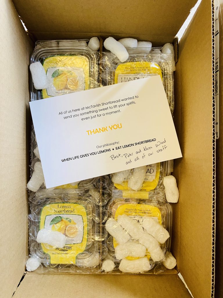 A note from Peter and Karen Wood, of Camas, owners of McTavish Shortbread, is included inside a "Cookies for Caregivers" box delivered to health care workers on the front lines of the coronavirus crisis.