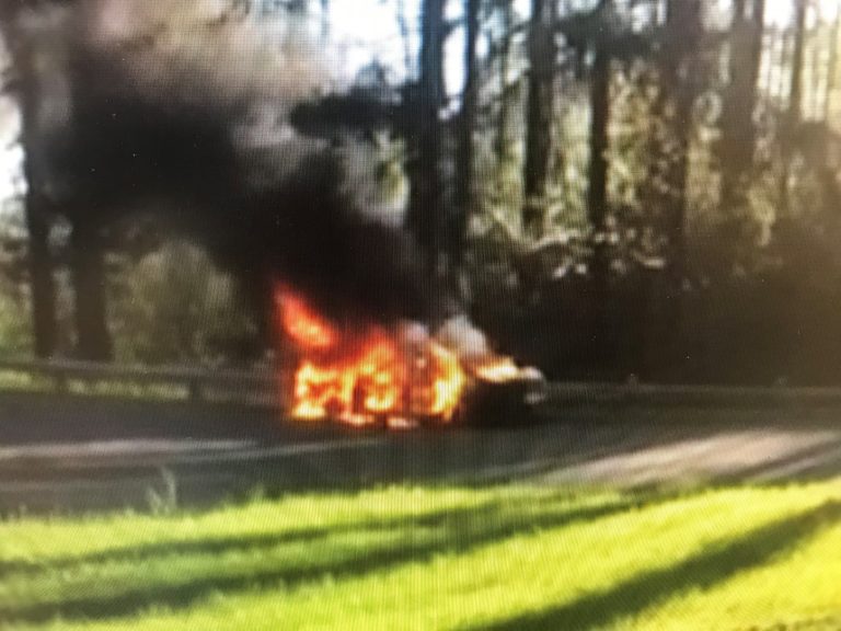 (Photo courtesy of Skamania County Sheriff's Office) A 1994 Toyota Camry is engulfed in flames on the Oregon side of the Bridge of the Gods after its driver, identified as a 42-year-old Vancouver woman who led police on a high-speed chase in Washougal this morning, escaped uninjured.