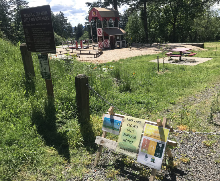 A sign indicates that Hartwood Park in Washougal is closed on Friday, May 15.