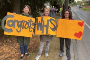 Washougal School District teachers (from left to right) Rebecca Bohlin, Chelsea McClement and Mona Davies congratulate Washougal High School seniors during the "Senior Car Parade and Sunset Viewing" event, which preceded the school's Saturday, June 6 virtual graduation ceremony. (Contributed photos by Rene Carroll, courtesy of Washougal School District)