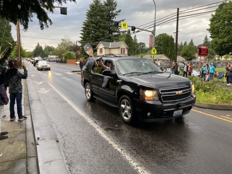 Contributed photo by Rene Carroll, courtesy of Washougal School District
Washougal High School seniors celebrate while driving down Main Street in downtown Washougal on Friday, June 5, as part of the school&#039;s &quot;Senior Car Parade and Sunset Viewing&quot; event, which preceded a virtual graduation ceremony the next day.