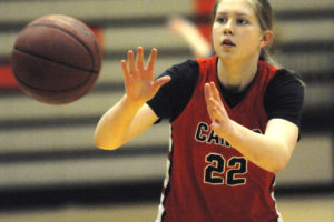 Camas High School basketball player Faith Bergstrom catches a pass during a practice session in March. Bergstrom has made a verbal commitment to continue her basketball career at California Polytechnic State University. (Post-Record file photos)