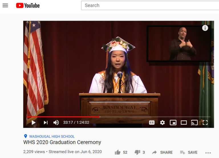 Grace Jacobsen, one of four Washougal High School senior class valedictorians for the Class of 2020, delivers a speech during the school&#039;s virtual graduation ceremony on June 6.