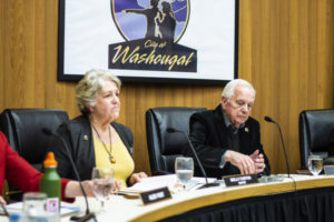 Washougal Mayor Molly Coston (left) and City Councilman Ray Kucth attend a Washougal City Council meeting in 2019. (Contributed photo courtesy of the city of Washougal)