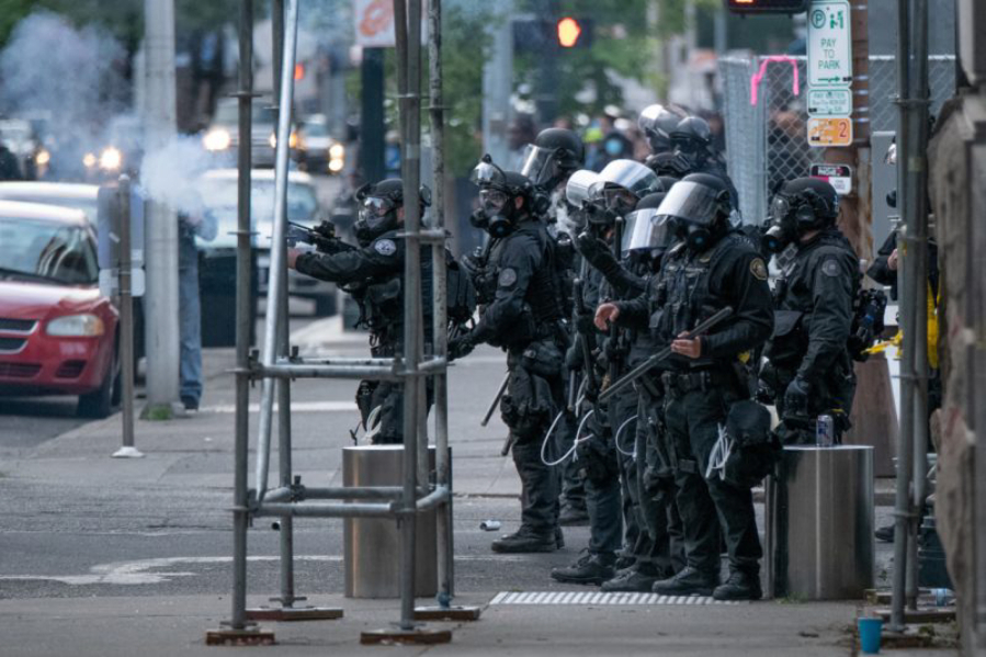 On May 31, Portland Police officers indiscriminately fired into crowds of protesters in front of the Justice Center. (Photos by Doug Brown, courtesy of the ACLU of Oregon)