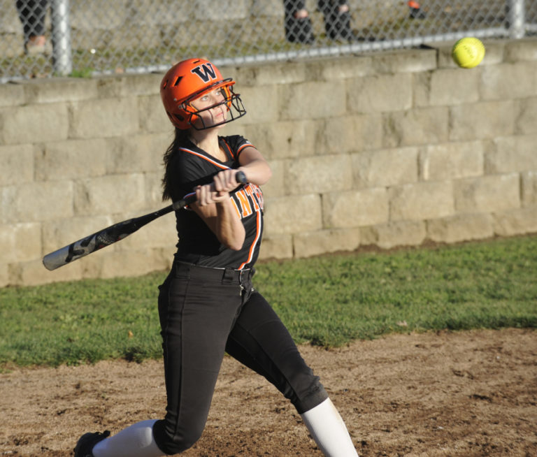 Washougal High School sophomore Peyton Robb records a base hit during the Panthers&#039; 9-5 win over Mark Morris High School in the opening game of the 4A District tournament on Oct. 23, 2019. The 2020 prep slowpitch softball season is tenatatively set to begin in mid-September.