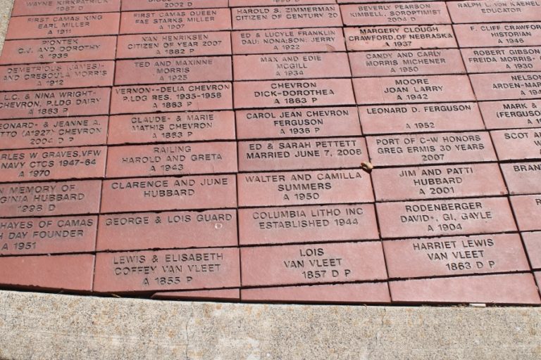 Engraved bricks at Parker&#039;s Landing Historical Park depict the names of early Washougal settlers, including members of the Van Vleet family.