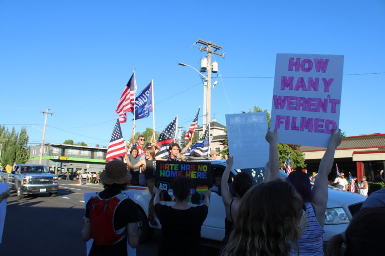 Opposing rallies -- one for Black Lives Matter, another for the pro-police "Blue Lives Matter" -- take place along Northeast Third Avenue in downtown Camas on Friday, Aug. 28. (Photos by Kelly Moyer/Post-Record)