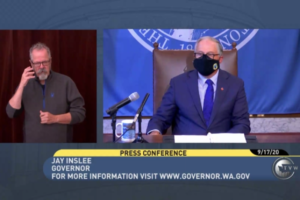 Washington Governor Jay Inslee (right) speaks about the COVID-19 pandemic's impact on Washingtonians' mental health, during a press conference held Thursday, Sept. 17. (Screenshot by Kelly Moyer/Post-Record)