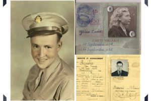 A collage of photos shows (clockwise from left): Dean Tate in his Air Corps uniform during World War II; Godelieve Van Laere, the girl who saved Dean Tate's life after his plane was shot down over Nazi-occupied France; and documents that helped shuttle the lieutenant bombardier out of France and back to the safety of Allied forces during the war. Dean Tate's daughter, Susan Tate Ankeny, of Camas, tells the story of her father's rescue in her new book, The Girl and the Bombardier. (Contributed photos courtesy of Susan Tate Ankeny)