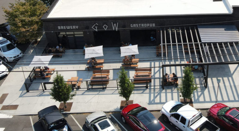 An overhead view of the Grains of Wrath Brewery in downtown Camas shows the restaurant&#039;s outdoor seating. Co-owner Brendan Ford said a forgivable federal loan has helped the brewery retain jobs during the COVID-19 pandemic.
