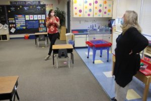 Preschool teacher Brittni Nester (left) talks with Gause Elementary Principal Tami Culp on Sept. 29. The Washougal School District began to offer in-person classes to preschoolers in mid-September and will bring kindergarteners back in November.