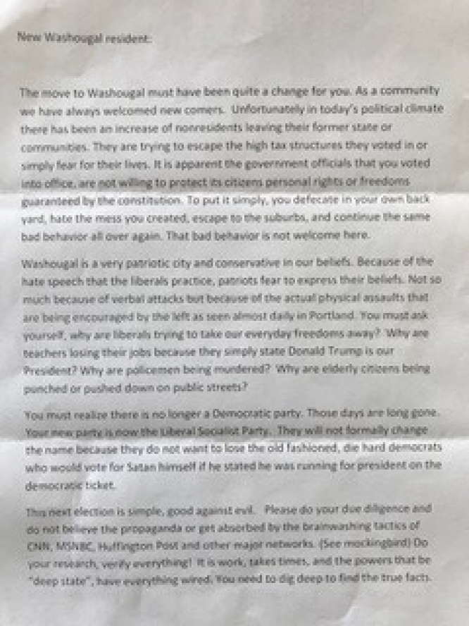 The first page of an anonymous letter sent to a Washougal couple in mid-September after they posted a Biden-Harris campaign sign in support of the Democratic presidential candidates.