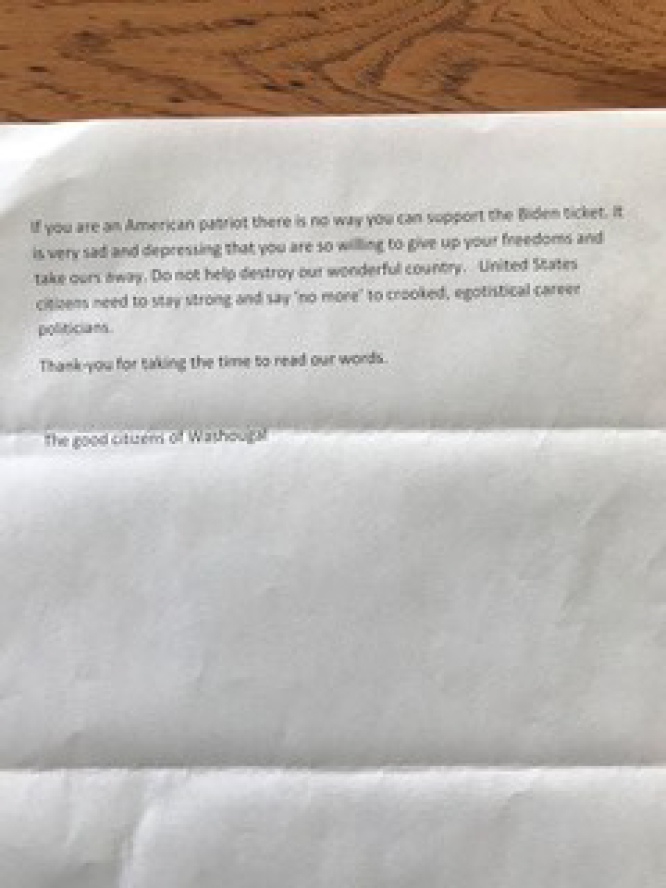 The second page of an anonymous letter from "the good citizens of Washougal" sent to a Washougal couple in mid-September after they posted a Biden-Harris campaign sign in support of the Democratic presidential candidates.